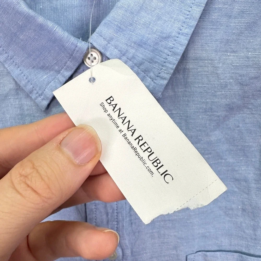 Banana Republic Shirt Mens L Blue Linen Blend Preppy Office Business Beach Light